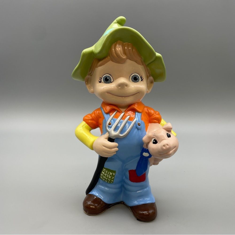 Vintage Bank Ceramic Boy With Blue Ribbon Pig Bank Figurine Mid Century Kitsch